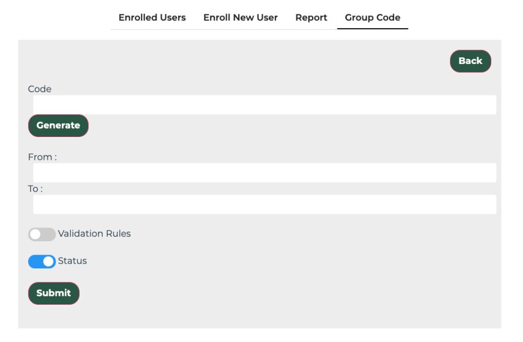 A screenshot showing the group code panel of this website