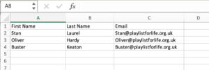 A screenshot showing the format of a spreadsheet for uploading students